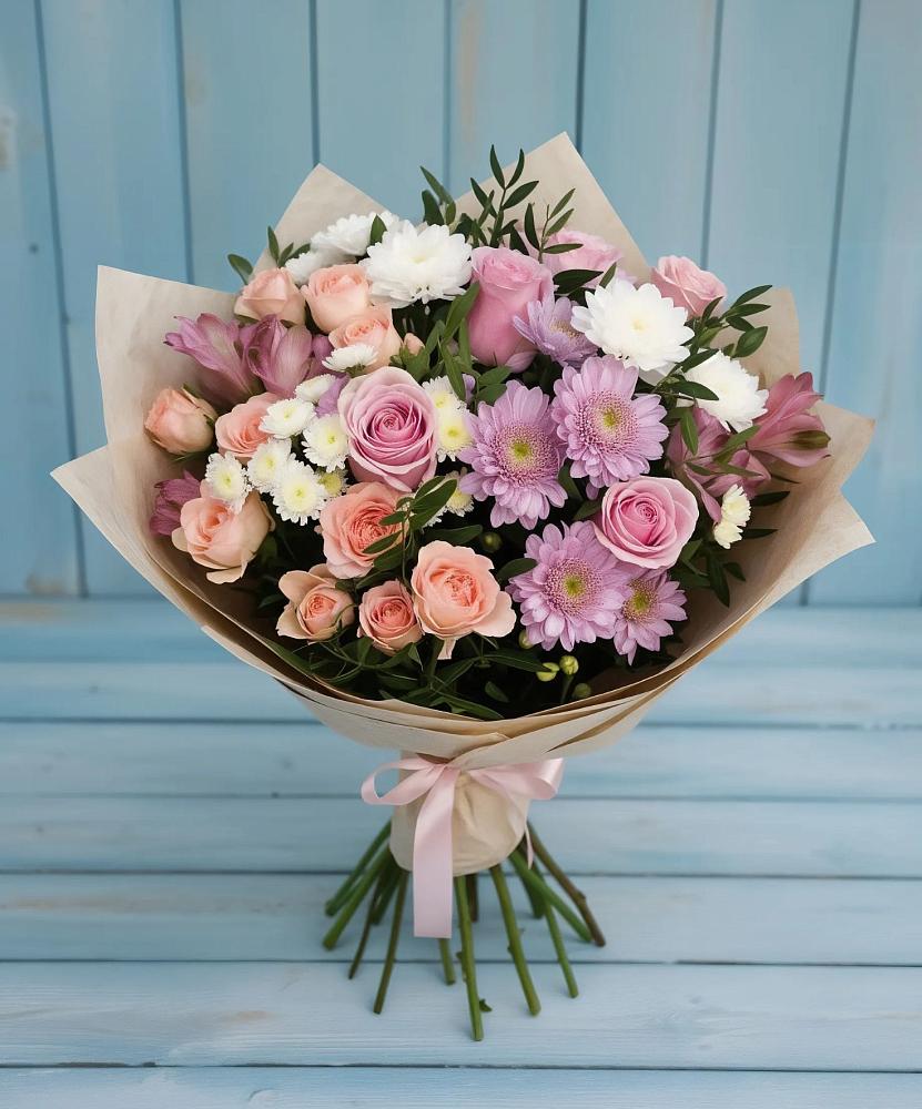 Букет цветов из: Хризантемы, Розы и Альстромерии в Синьково