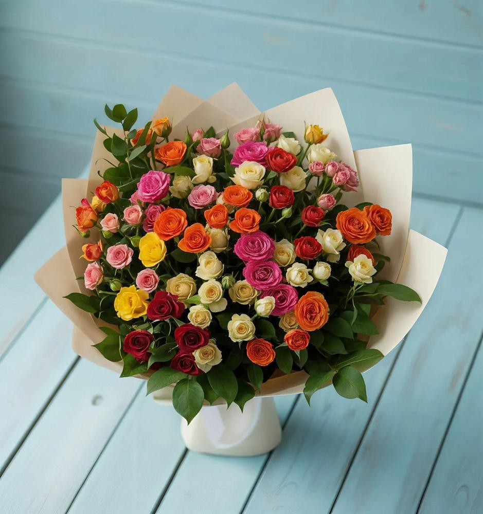 Букет Микс из разноцветных кустовых роз в Синьково