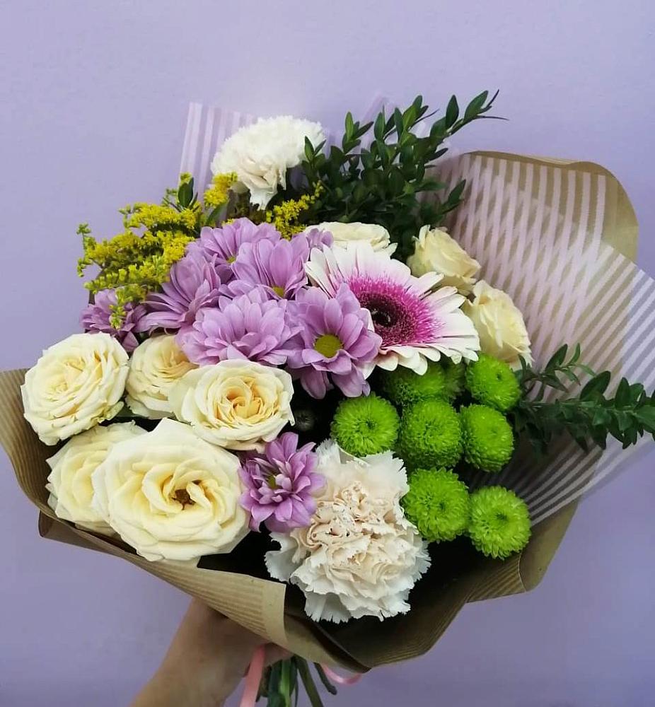 Букет цветов из: Хризантемы, Розы, Гвоздики и Герберы в Синьково