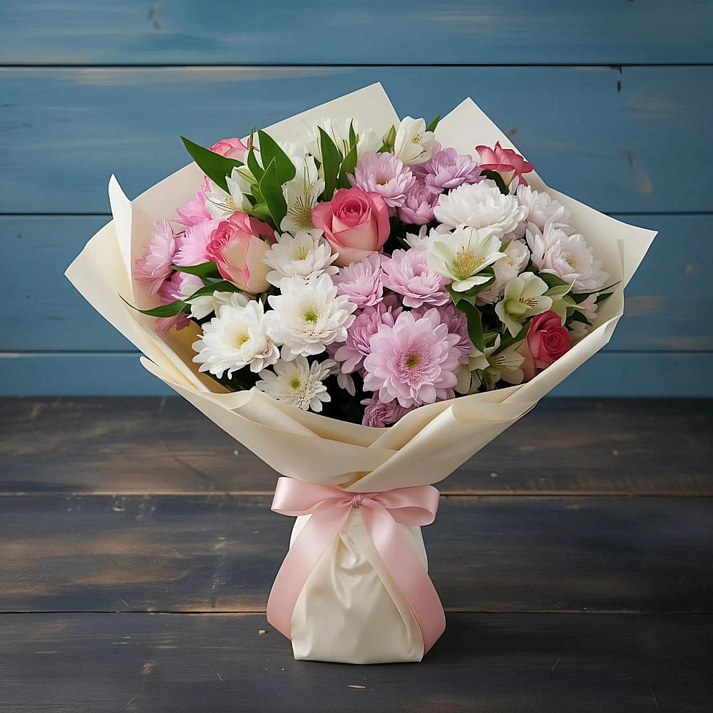 Букет цветов из: Хризантемы, Альстромерии и Розы в Синьково